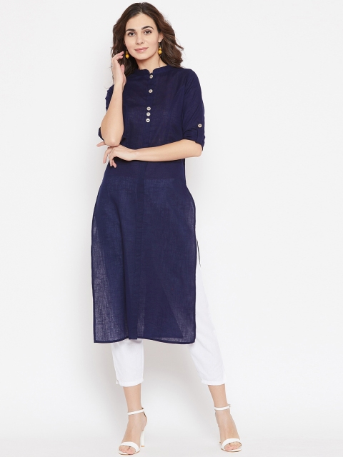 

Cottinfab Women Navy Blue Solid Straight Kurta