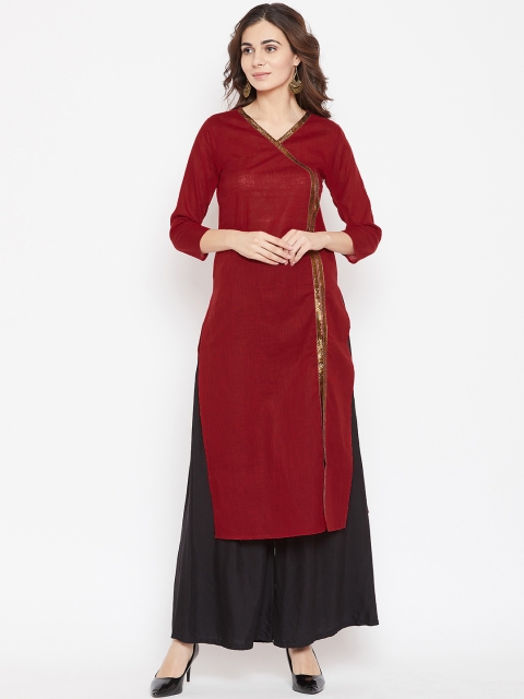 

Cottinfab Women Maroon Solid Straight Kurta