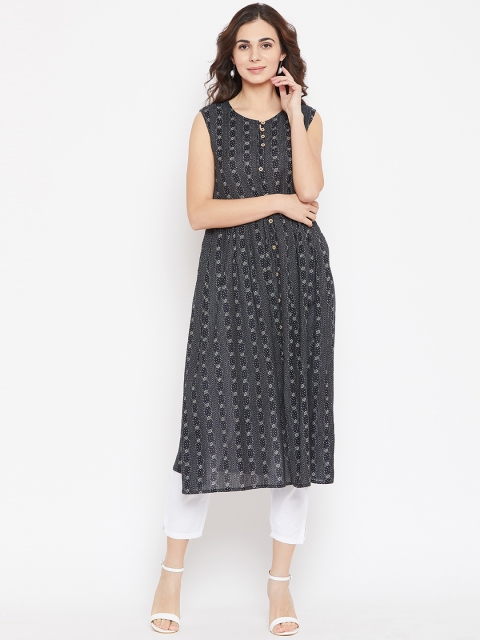 

Cottinfab Women Black & Grey Printed A-Line Kurta