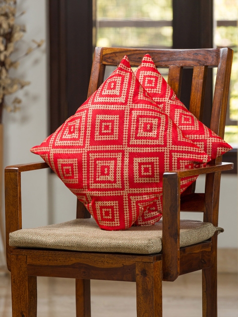 

ExclusiveLane Set of 2 Red Square Geometrical Pattern Hand Blocked Cushion Covers
