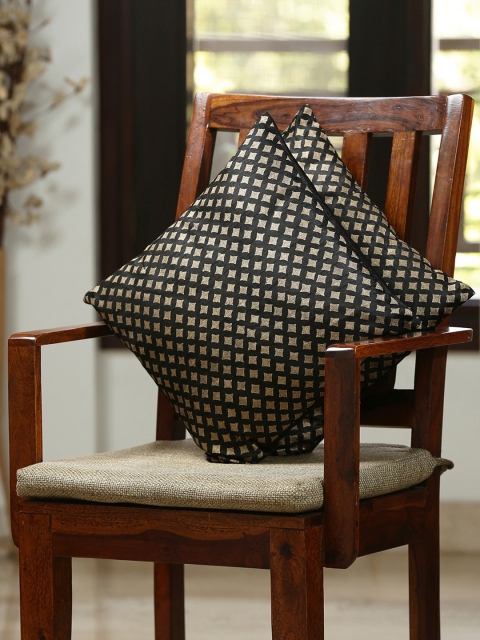 

ExclusiveLane Set of 2 Black Geometric Square Star Pattern Hand Blocked Cushion Covers
