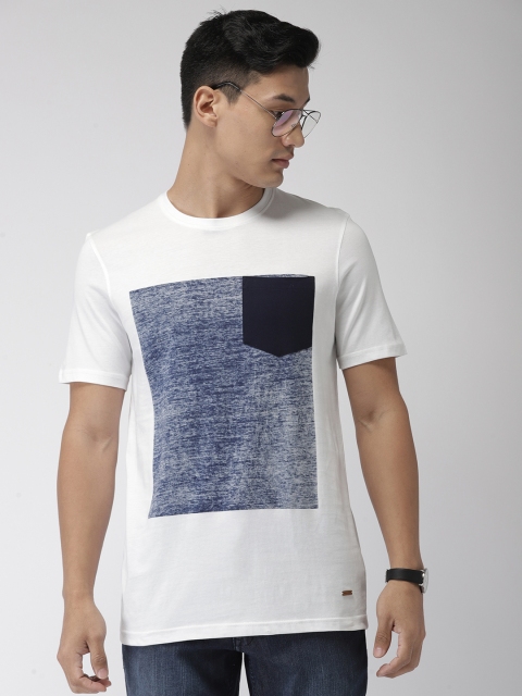 

Park Avenue Men White Navy Blue Colourblocked Round Neck Pure Cotton T-shirt