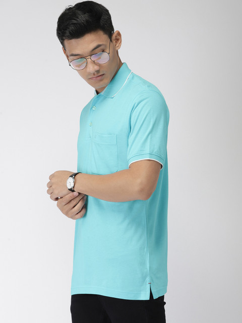 

Raymond Men Blue Solid Polo Collar T-shirt