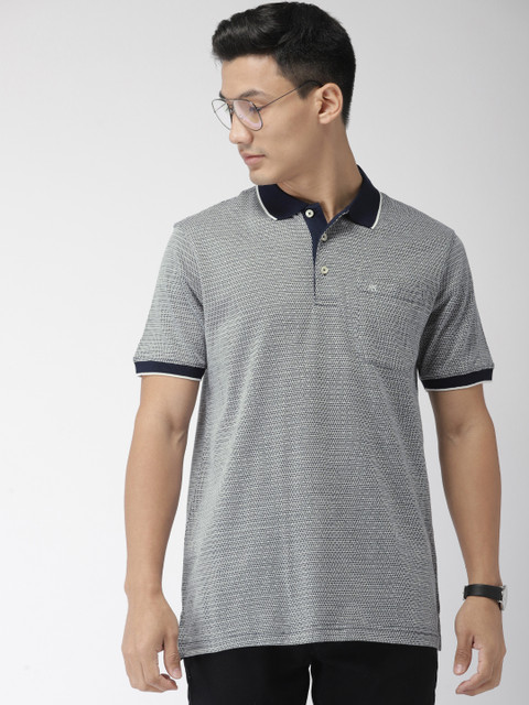 

Raymond Men Navy Blue & White Self Design Polo Collar T-shirt