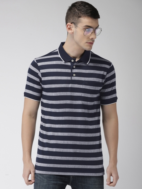 

Raymond Men Navy Blue & White Striped Polo Collar T-shirt