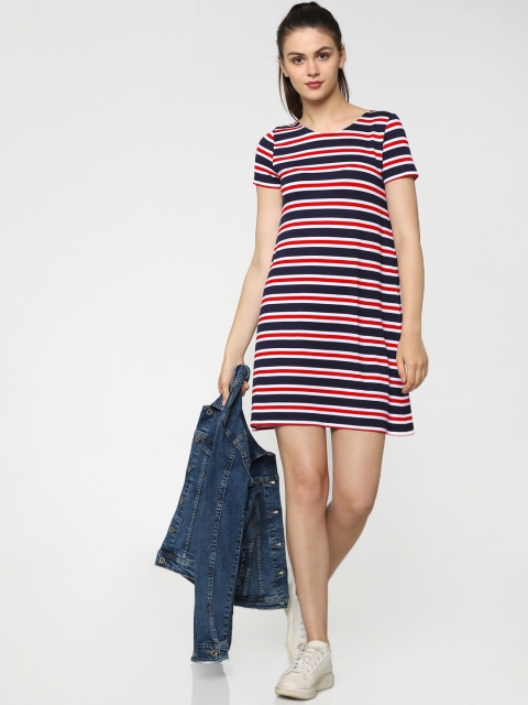 

ONLY Women Navy & White Striped A-Line Dress, Navy blue