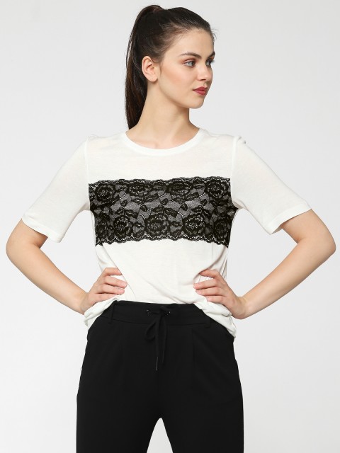 

ONLY Women White Solid Round Neck T-shirt