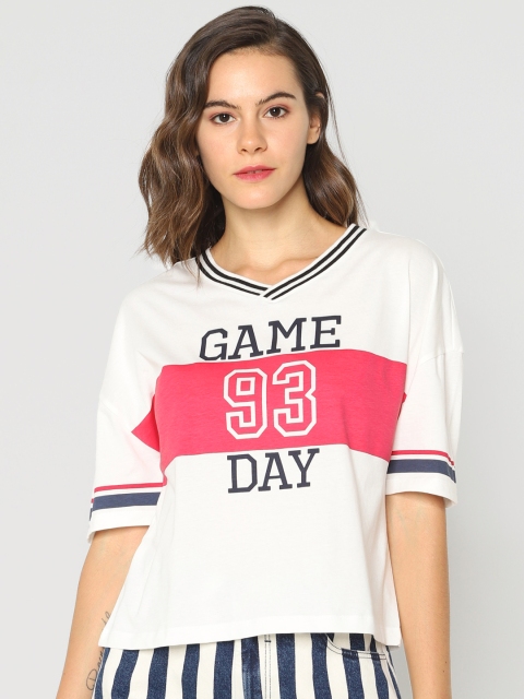 

ONLY Women White Printed V-Neck T-shirt