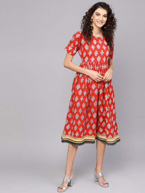 

SASSAFRAS Women Red Printed Fit & Flare Dress