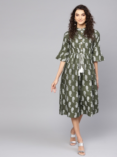 

SASSAFRAS Women Olive Green Printed Fit & Flare Dress