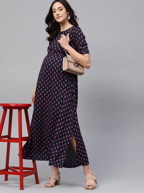 

AKS Women Navy Blue & Brown Printed Maxi Maternity Dress