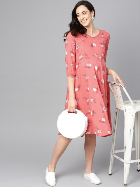 

AKS Women Peach-Coloured Printed A-Line Maternity Dress