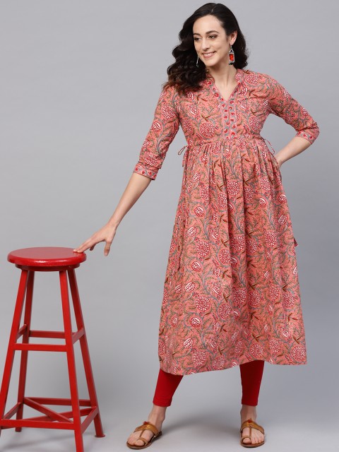

AKS Women Coral Pink & Green Printed A-Line Nursing Kurta