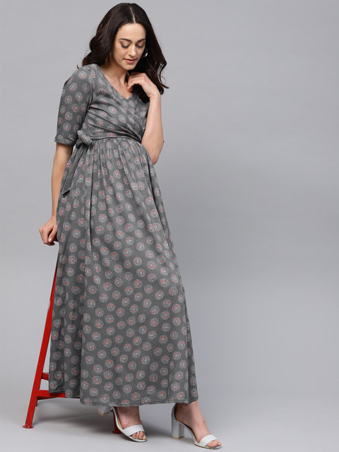 

AKS Women Grey Printed Maternity Maxi Dress