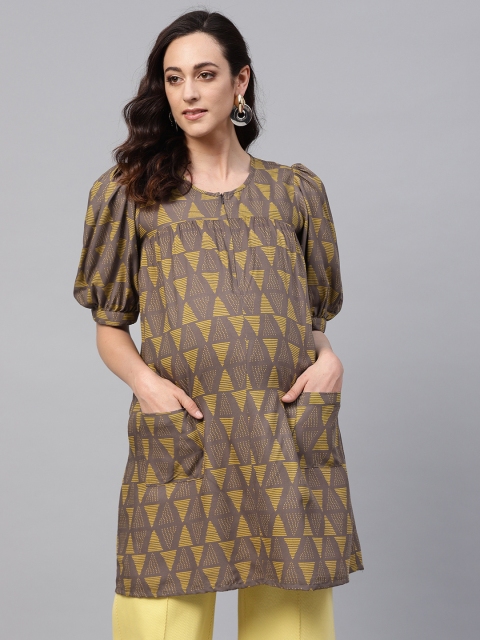 

AKS Taupe & Mustard Yellow Printed Maternity Tunic