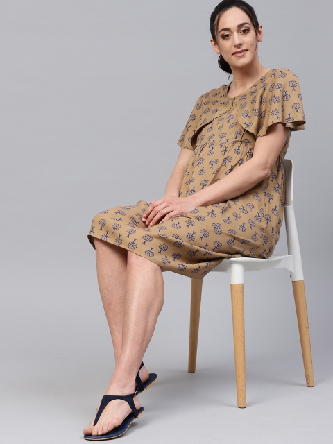 

AKS Women Beige & Navy Blue Printed A-Line Maternity Dress