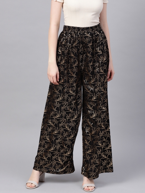 

Ishin Women Black & Golden Foil Print Flared Palazzos
