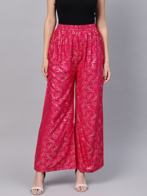 

Ishin Women Pink & Golden Foil Print Flared Palazzos