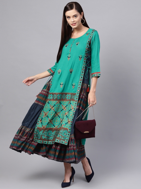 

Ishin Women Green & Navy Blue Embroidered Layered Maxi Dress