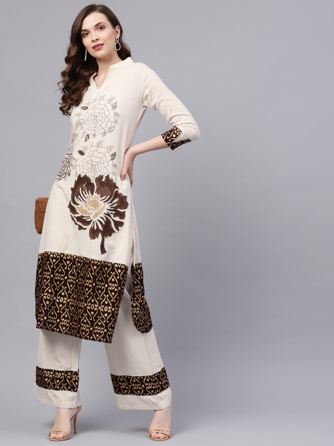 

Ishin Women Off-White & Brown Printed Kurta with Palazzos
