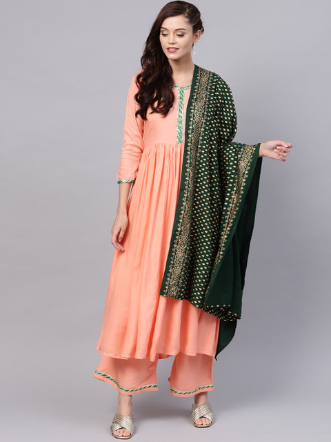 

Ishin Women Peach-Coloured & Green Solid Kurta with Palazzos & Dupatta