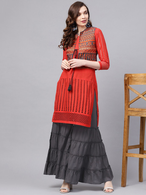 

Ishin Women Orange & Grey Schiffli Embroidered Kurta with Sharara & Ethnic Jacket