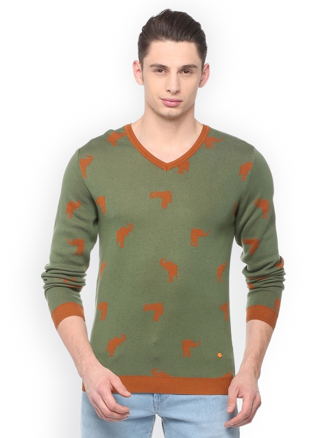 

SIMON CARTER LONDON Men Olive Green & Orange Printed Sweater