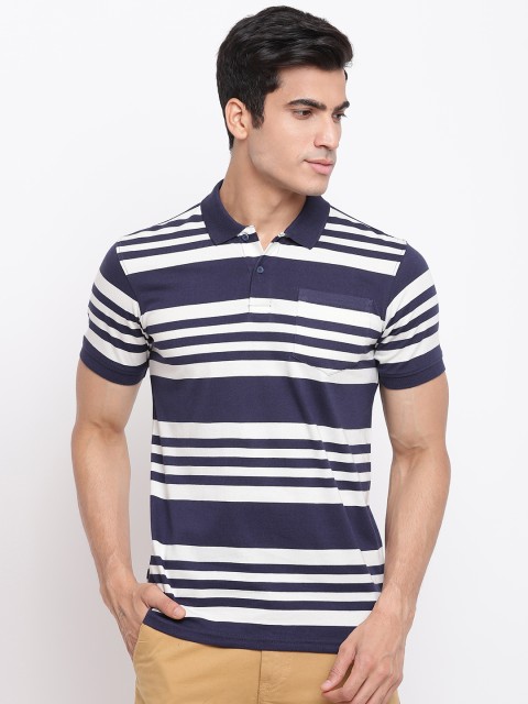 

Peter England Casuals Men Navy Blue & White Striped Polo Collar T-shirt