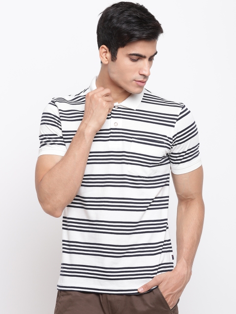 

Peter England Casuals Men White & Navy Blue Striped Polo Collar T-shirt