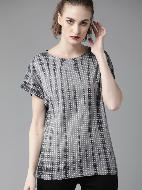 

Roadster Women Grey & White Printed Round Neck T-shirt