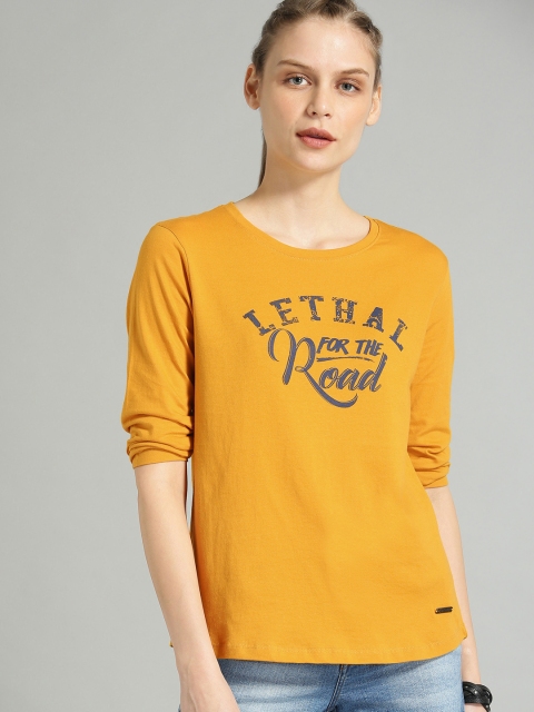 

Roadster Women Mustard Yellow Printed Round Neck T-shirt