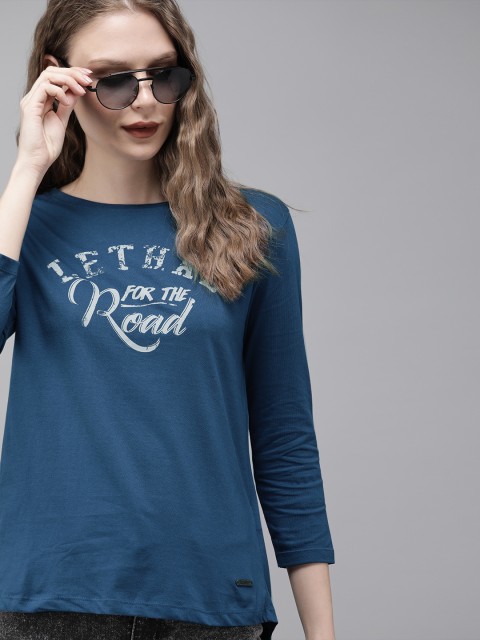 

Roadster Women Navy Blue Printed Round Neck T-shirt