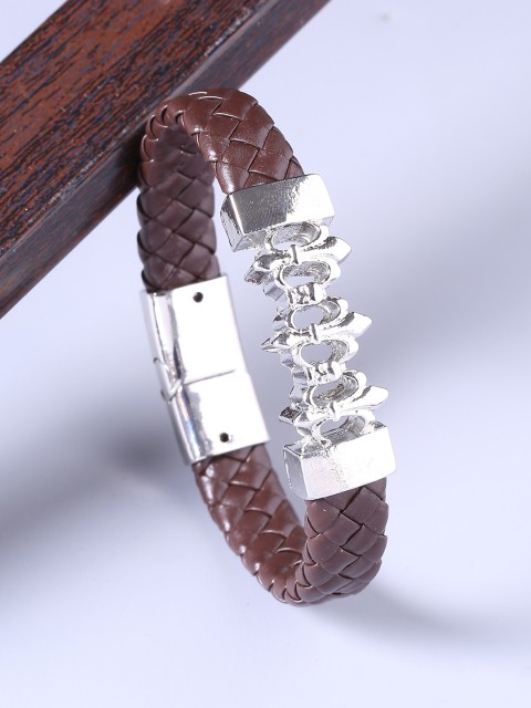

Dare by Voylla Men Silver-Plated & Brown Leather Handcrafted Wraparound Bracelet
