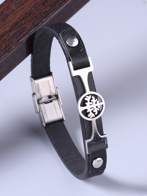 

Dare by Voylla Men Silver-Toned & Black Leather Silver-Plated Handcrafted Wraparound Bracelet