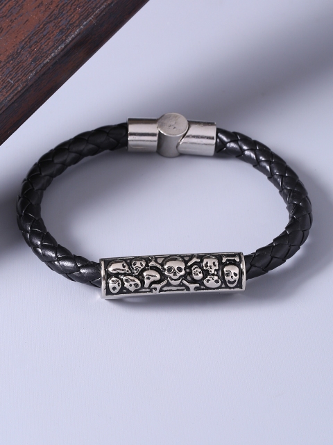 

Dare by Voylla Men Silver-Toned & Black Leather Silver-Plated Handcrafted Wraparound Bracelet