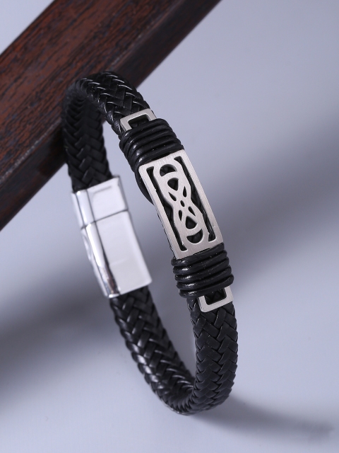 

Dare by Voylla Men Silver-Toned & Black Leather Silver-Plated Handcrafted Wraparound Bracelet