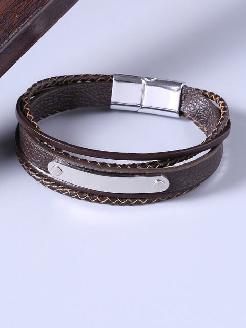 

Dare by Voylla Men Silver-Toned & Black Leather Silver-Plated Handcrafted Wraparound Bracelet