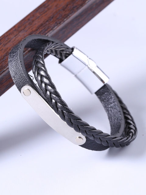 

Dare by Voylla Men Black & Silver-Plated Leather Handcrafted Multistrand Bracelet