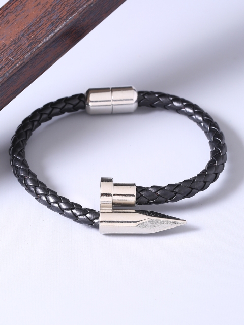 

Dare by Voylla Men Black & Silver-Plated Leather Handcrafted Bangle-Style Bracelet