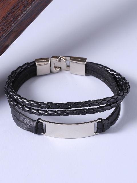 

Dare by Voylla Men Silver-Plated & Black Leather Handcrafted Wraparound Bracelet