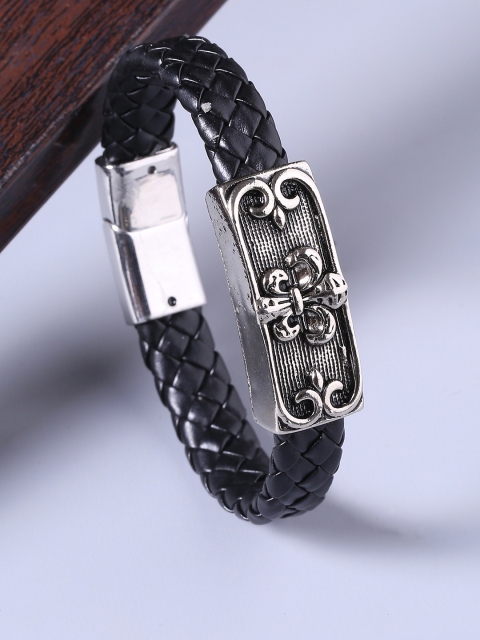 

Dare by Voylla Men Silver-Plated & Black Leather Handcrafted Wraparound Bracelet