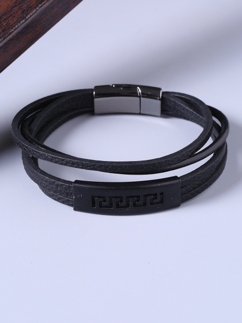 

Dare by Voylla Silver-Toned & Black Handcrafted Leather Wraparound Bracelet