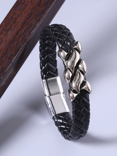 

Dare by Voylla Men Silver-Plated & Black Leather Handcrafted Wraparound Bracelet