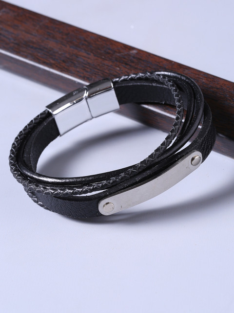 

Dare by Voylla Men Silver-Toned & Black Leather Silver-Plated Handcrafted Wraparound Bracelet