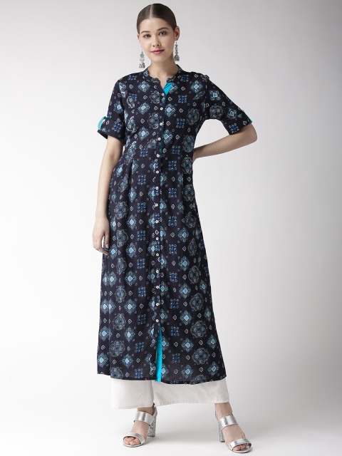 

RANGMAYEE Women Navy Blue & White Printed A-Line Kurta