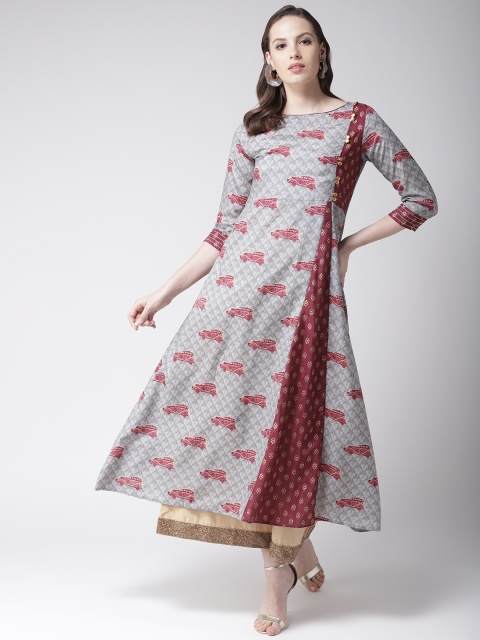 

RANGMAYEE Women Grey & Maroon Quirky Print A-Line Kurta