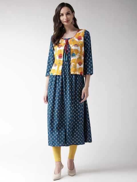 

RANGMAYEE Women Teal Blue & Golden Printed A-Line Kurta with Ethnic Jacket