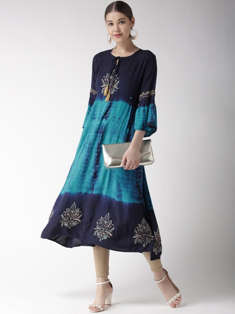 

RANGMAYEE Women Blue Dyed Panelled Block Print A-Line Kurta