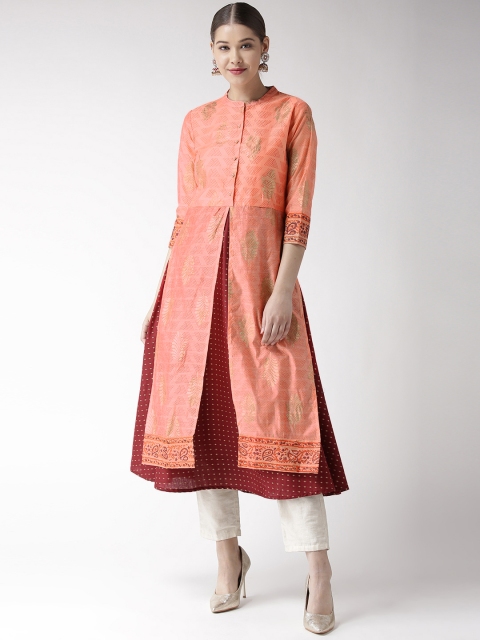 

RANGMAYEE Women Peach-Coloured & Maroon Printed Layered A-Line Kurta