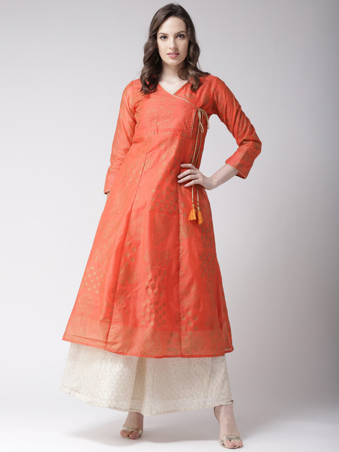 

RANGMAYEE Women Orange & Golden Printed A-Line Kurta, Coral